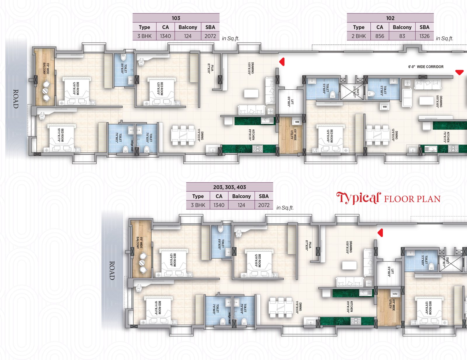 3bhk flat in jharpada typical floor plan